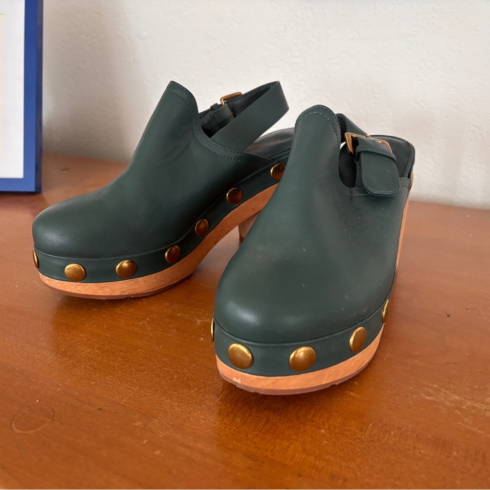 Charlotte Stone Dark Green Leather Clogs with Gold Studs